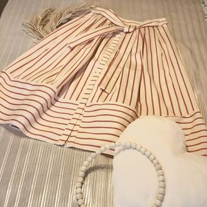 EVA MENDES, NEW YORK & CO, MIDI SKIRT, SIZE 12, ORANGE STRIPED, WITH POCKETS